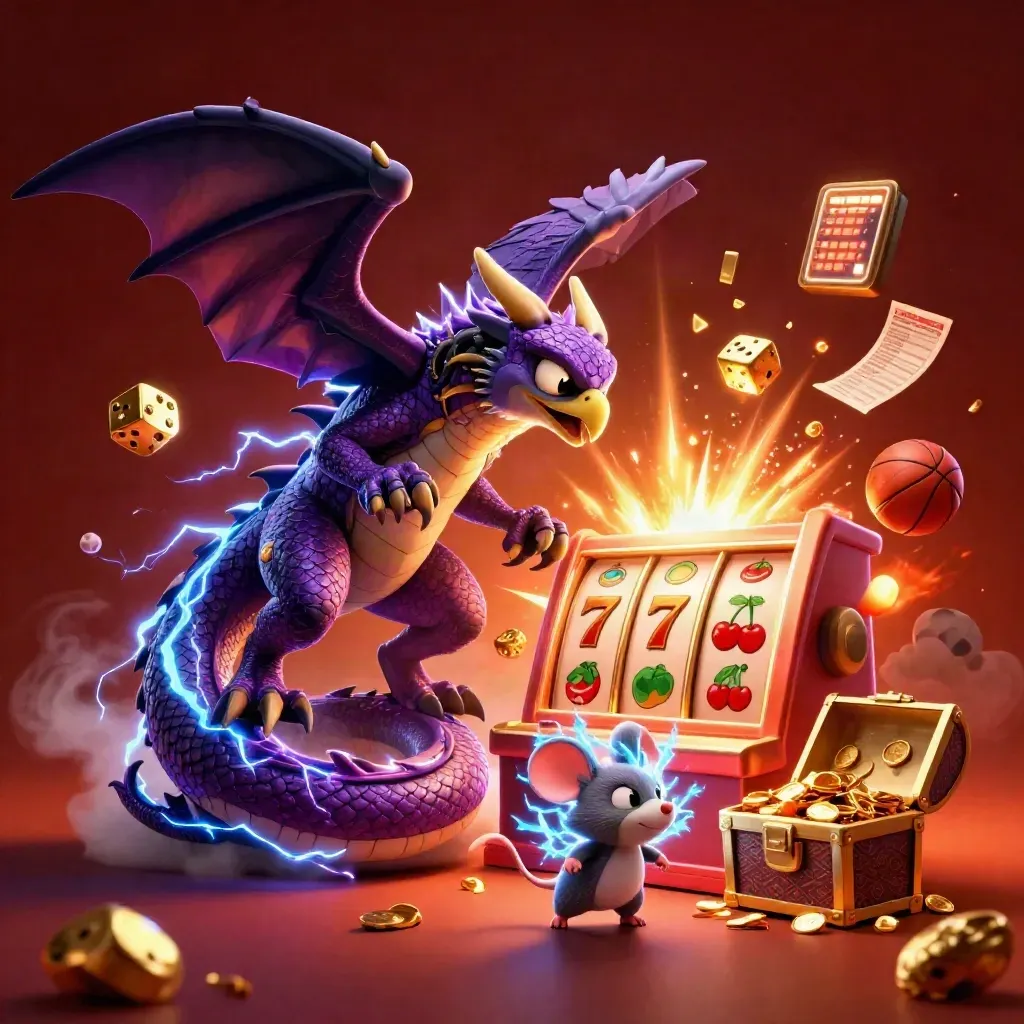 Thunder dragon, wind hawk, and mouse amid exploding casino sports gear and gold