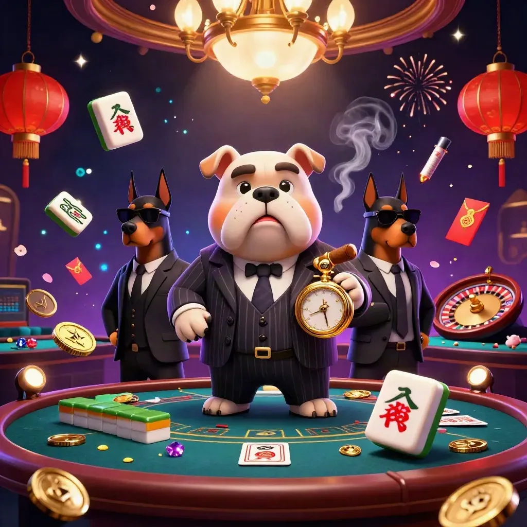 Cartoon bulldog boss and Doberman guards in a luxe casino room with roulette, lanterns, and jade coins.