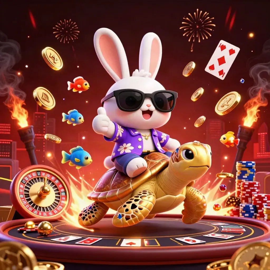 Lucky rabbit riding a golden turtle amid coins, chips, cards, roulette, fireworks, and luxe casino glow.