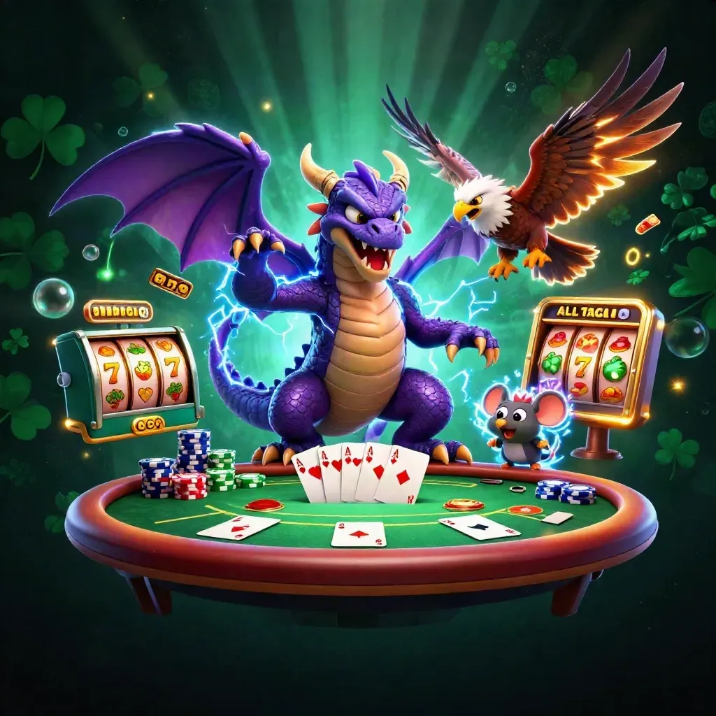 Thunder dragon, wind hawk and static mouse amid poker chips, cards and slot reels in royal casino glow.