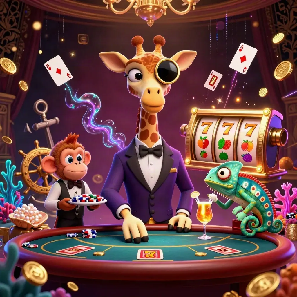 Regal giraffe, monkey valet, and chameleon bartender amid casino treasures and purple-gold glow.