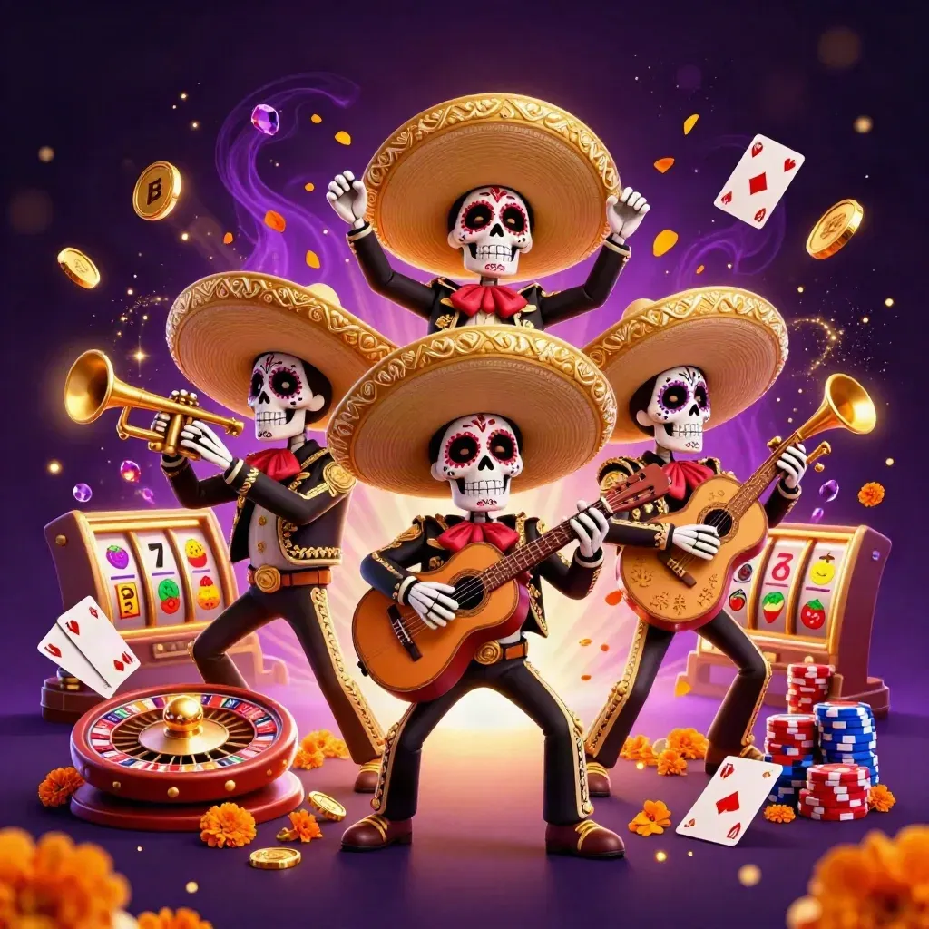 Skeleton mariachi trio with casino coins, roulette, chips, and purple-gold glow